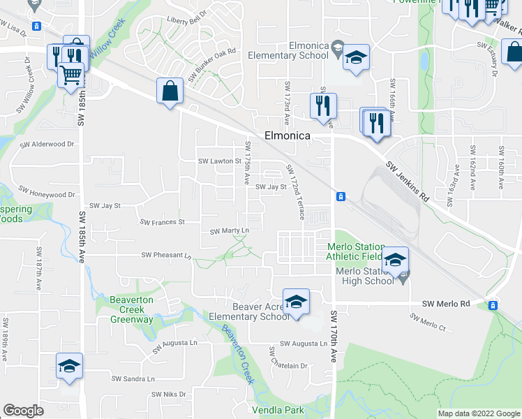 map of restaurants, bars, coffee shops, grocery stores, and more near 17413 Southwest Rose Petal Lane in Beaverton
