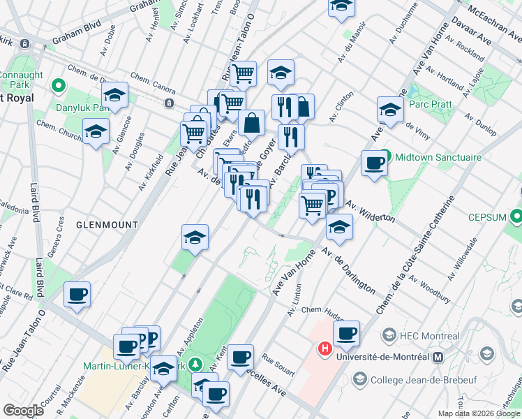 map of restaurants, bars, coffee shops, grocery stores, and more near 2860 Avenue Barclay in Montréal