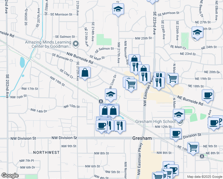 map of restaurants, bars, coffee shops, grocery stores, and more near in Gresham
