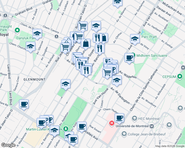 map of restaurants, bars, coffee shops, grocery stores, and more near 2845 Place de Darlington in Montréal