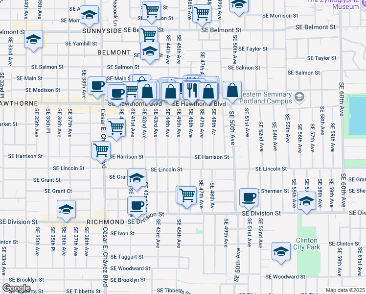 map of restaurants, bars, coffee shops, grocery stores, and more near 1810 Southeast 45th Avenue in Portland