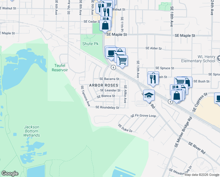 map of restaurants, bars, coffee shops, grocery stores, and more near 1147 Southeast Leander Street in Hillsboro