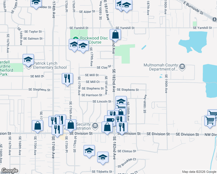 map of restaurants, bars, coffee shops, grocery stores, and more near 1736 Southeast 181st Avenue in Portland