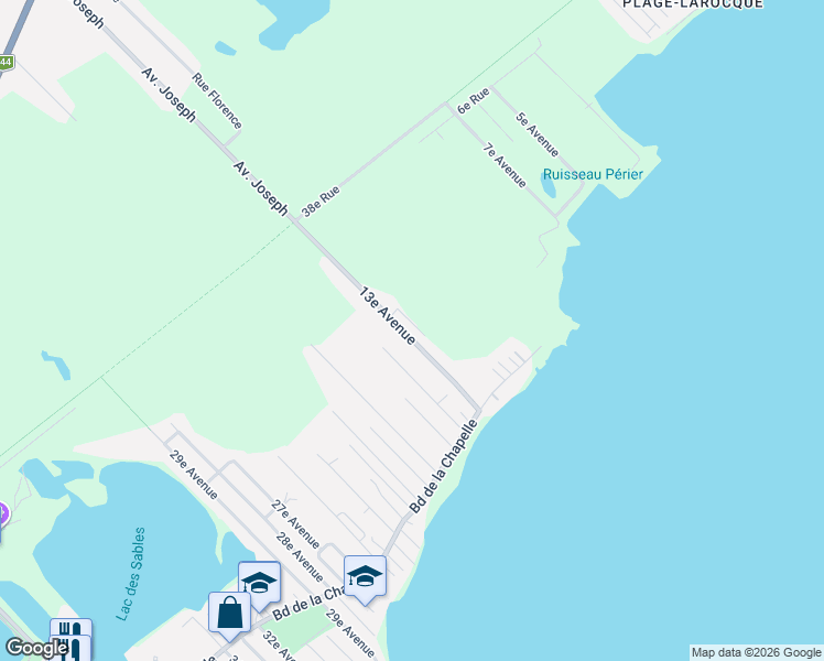 map of restaurants, bars, coffee shops, grocery stores, and more near 404 13e Avenue in Pointe-Calumet