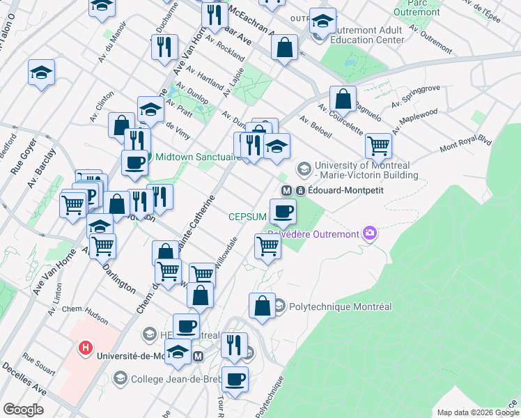 map of restaurants, bars, coffee shops, grocery stores, and more near 90 Avenue Willowdale in Montrã©Al