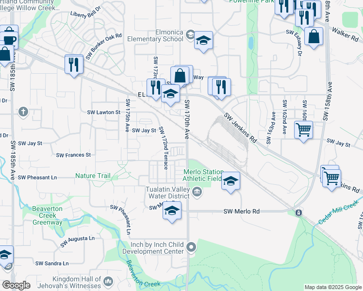 map of restaurants, bars, coffee shops, grocery stores, and more near 1534 Southwest 172nd Terrace in Beaverton