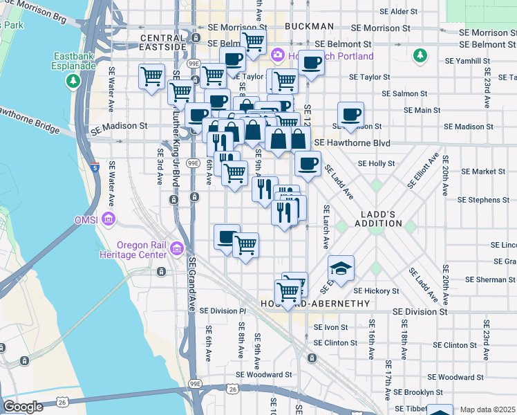 map of restaurants, bars, coffee shops, grocery stores, and more near 901 Southeast Stephens Street in Portland