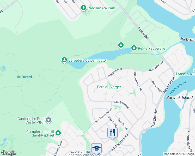 map of restaurants, bars, coffee shops, grocery stores, and more near 104 Rue des Grives in Montréal