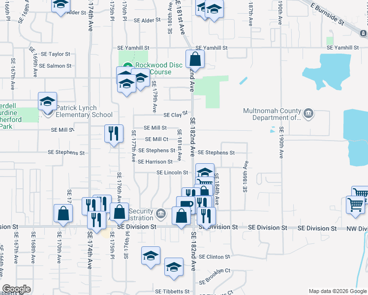 map of restaurants, bars, coffee shops, grocery stores, and more near 1736 Southeast 181st Avenue in Portland