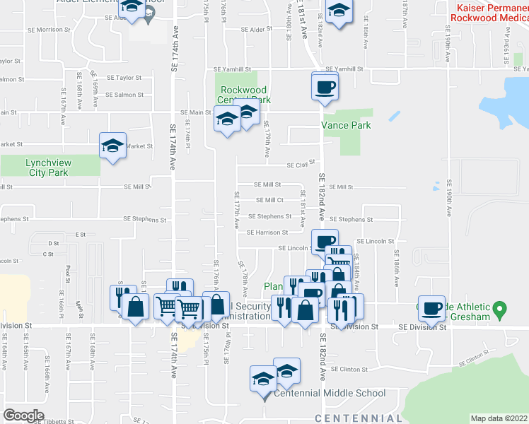 map of restaurants, bars, coffee shops, grocery stores, and more near 17831 Southeast Mill Court in Portland