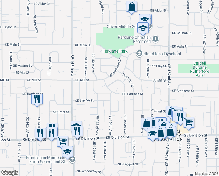 map of restaurants, bars, coffee shops, grocery stores, and more near 15425 Southeast Stephens Court in Portland