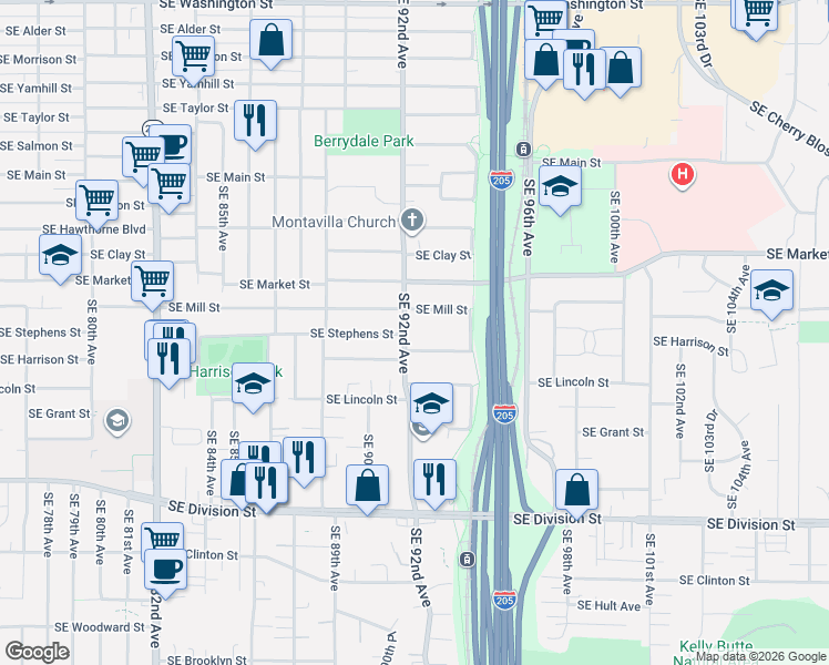 map of restaurants, bars, coffee shops, grocery stores, and more near 9256 Southeast Mill Street in Portland