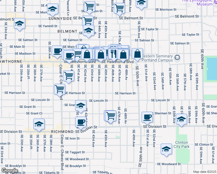 map of restaurants, bars, coffee shops, grocery stores, and more near 1810 Southeast 45th Avenue in Portland