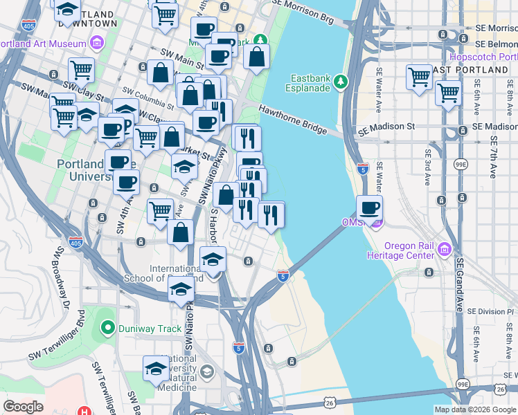 map of restaurants, bars, coffee shops, grocery stores, and more near 0315 Southwest Montgomery Street in Portland