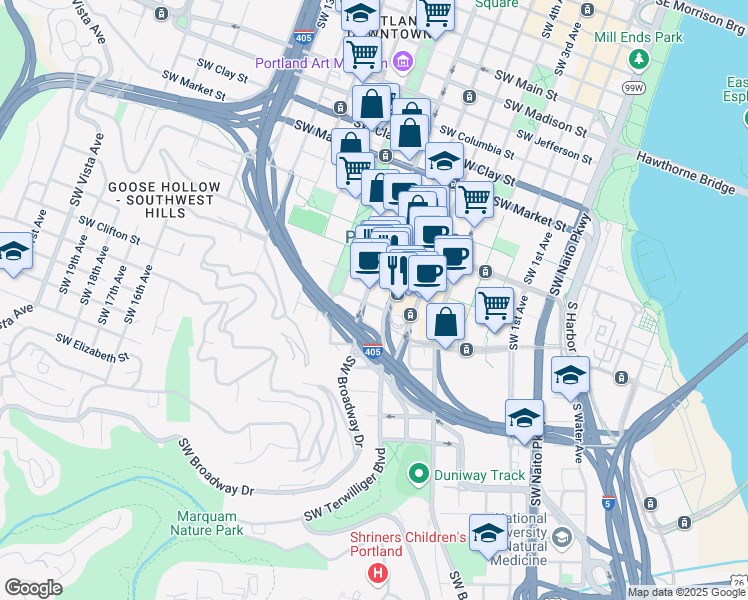 map of restaurants, bars, coffee shops, grocery stores, and more near 1924 Southwest Broadway in Portland