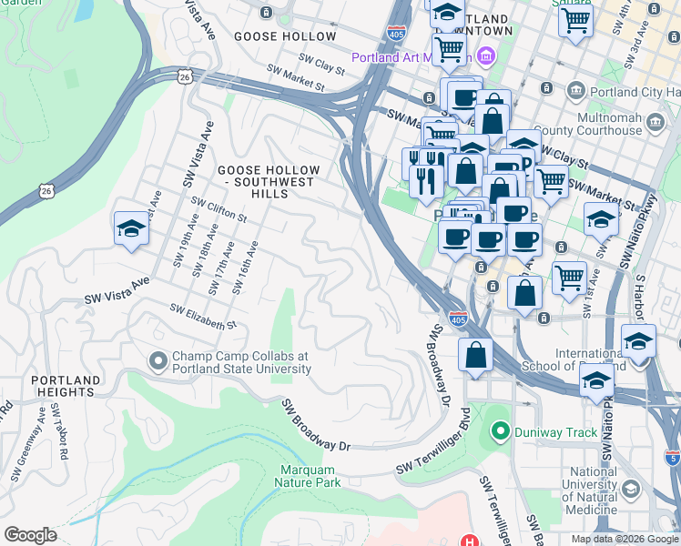 map of restaurants, bars, coffee shops, grocery stores, and more near 1281 Southwest Cardinell Drive in Portland