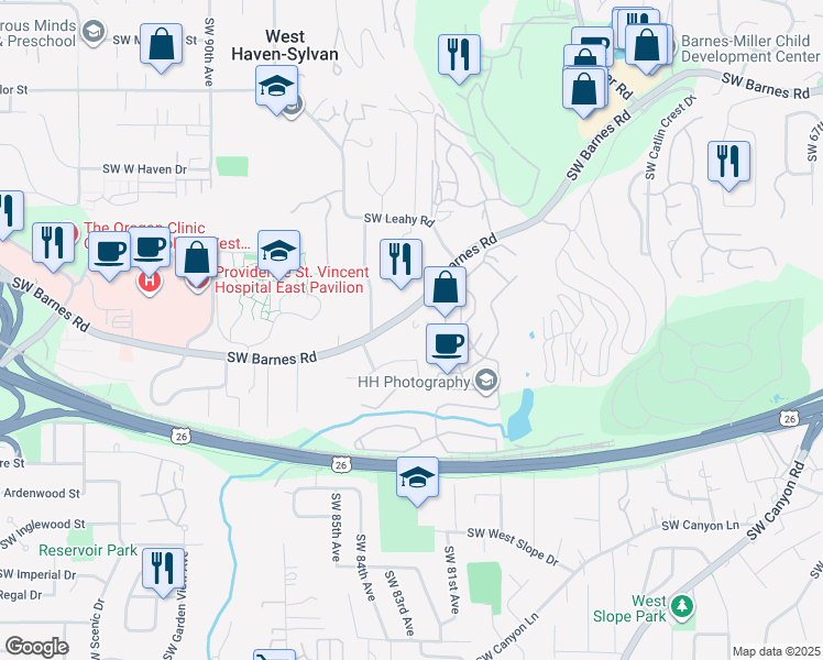 map of restaurants, bars, coffee shops, grocery stores, and more near in West Haven-Sylvan