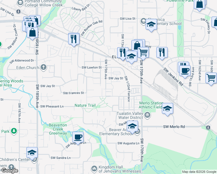 map of restaurants, bars, coffee shops, grocery stores, and more near 1353 Southwest 175th Avenue in Beaverton