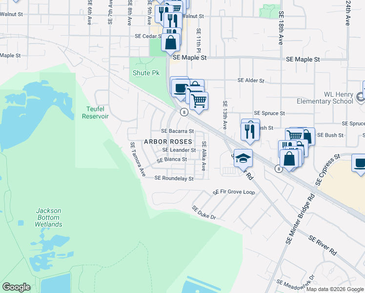 map of restaurants, bars, coffee shops, grocery stores, and more near 1157 Southeast Tamango Street in Hillsboro