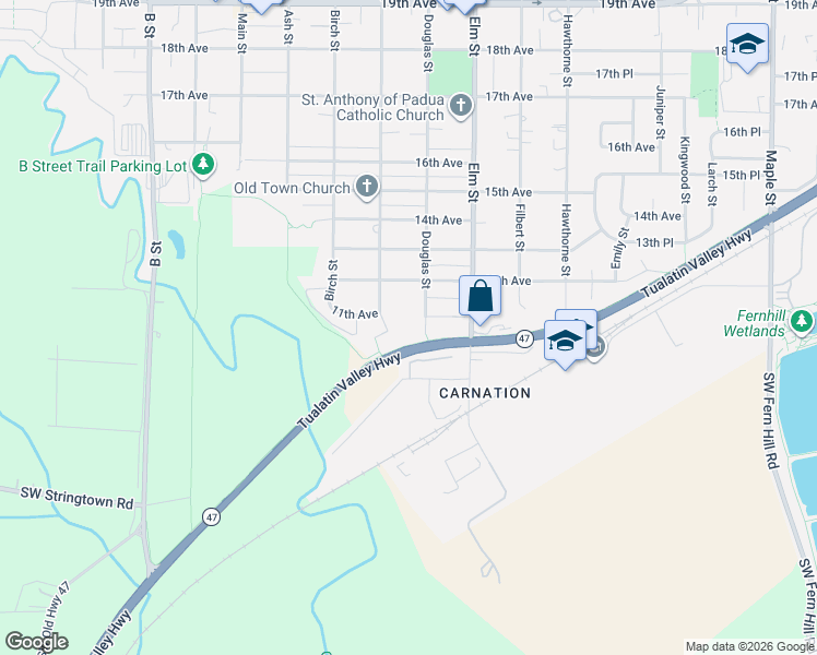 map of restaurants, bars, coffee shops, grocery stores, and more near 1106 Douglas Street in Forest Grove