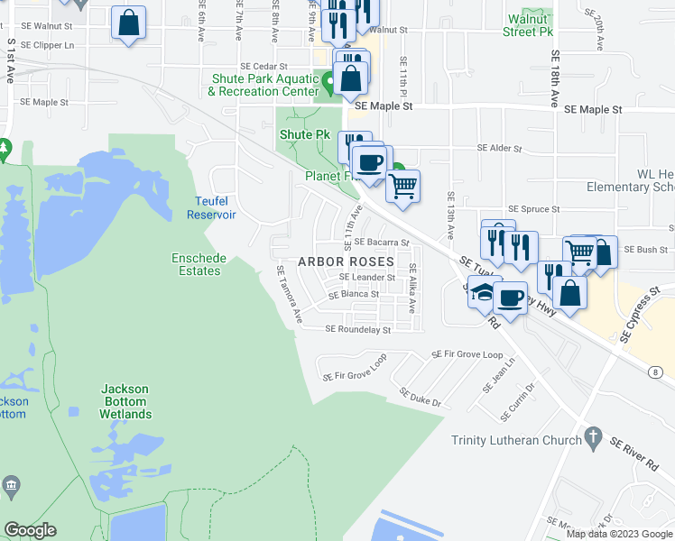 map of restaurants, bars, coffee shops, grocery stores, and more near 1081 Southeast Leander Street in Hillsboro