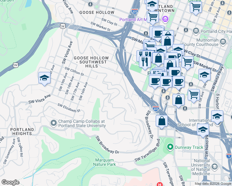 map of restaurants, bars, coffee shops, grocery stores, and more near 1281 Southwest Cardinell Drive in Portland