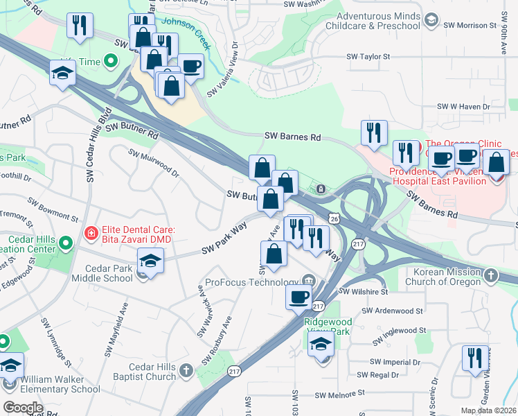 map of restaurants, bars, coffee shops, grocery stores, and more near 10530 Southwest Butner Road in Portland