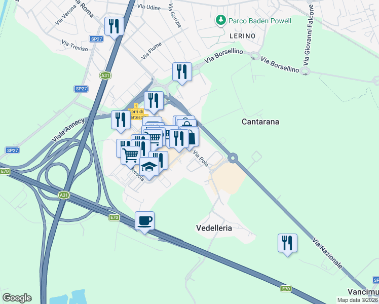 map of restaurants, bars, coffee shops, grocery stores, and more near 24 Via Pola in Torri di Quartesolo