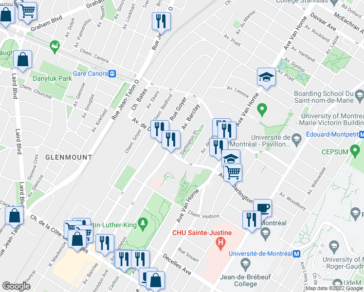 map of restaurants, bars, coffee shops, grocery stores, and more near in Montreal