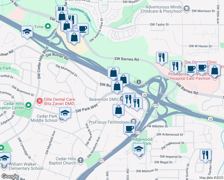 map of restaurants, bars, coffee shops, grocery stores, and more near 10530 Southwest Butner Road in Portland