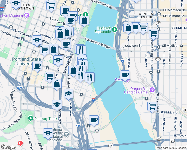 map of restaurants, bars, coffee shops, grocery stores, and more near 425 Southwest Montgomery Street in Portland
