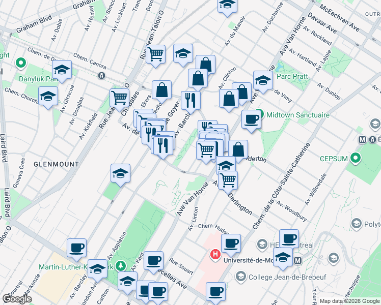 map of restaurants, bars, coffee shops, grocery stores, and more near in Montreal
