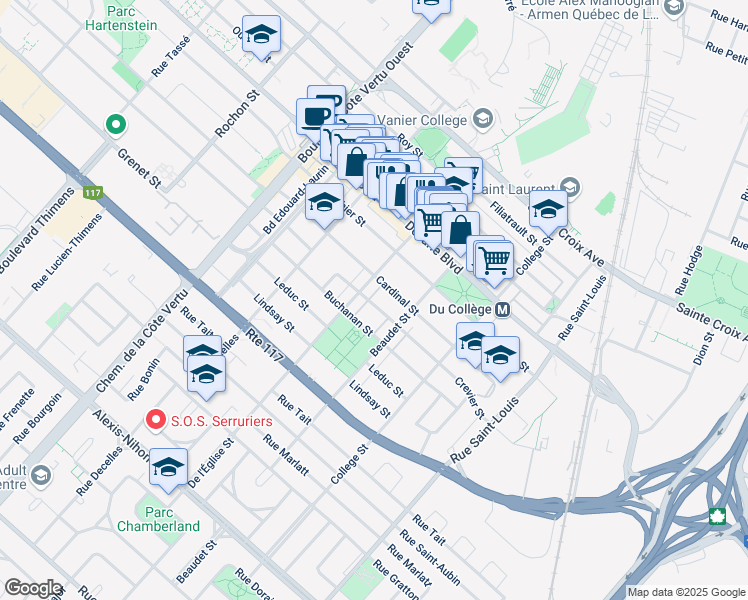 map of restaurants, bars, coffee shops, grocery stores, and more near 775 Crevier Street in Montreal