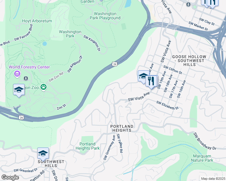 map of restaurants, bars, coffee shops, grocery stores, and more near 2681 Southwest Buena Vista Drive in Portland