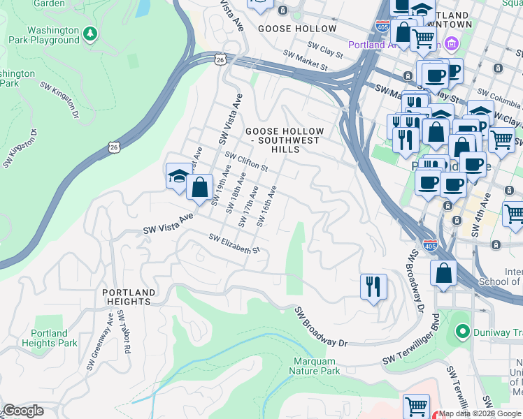 map of restaurants, bars, coffee shops, grocery stores, and more near 2240 Southwest 17th Avenue in Portland