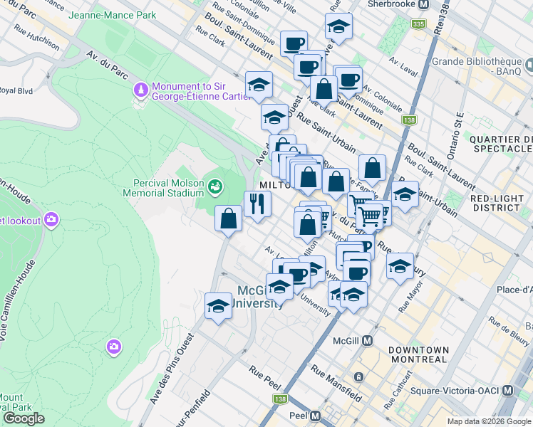 map of restaurants, bars, coffee shops, grocery stores, and more near 3630 Rue Durocher in Montréal