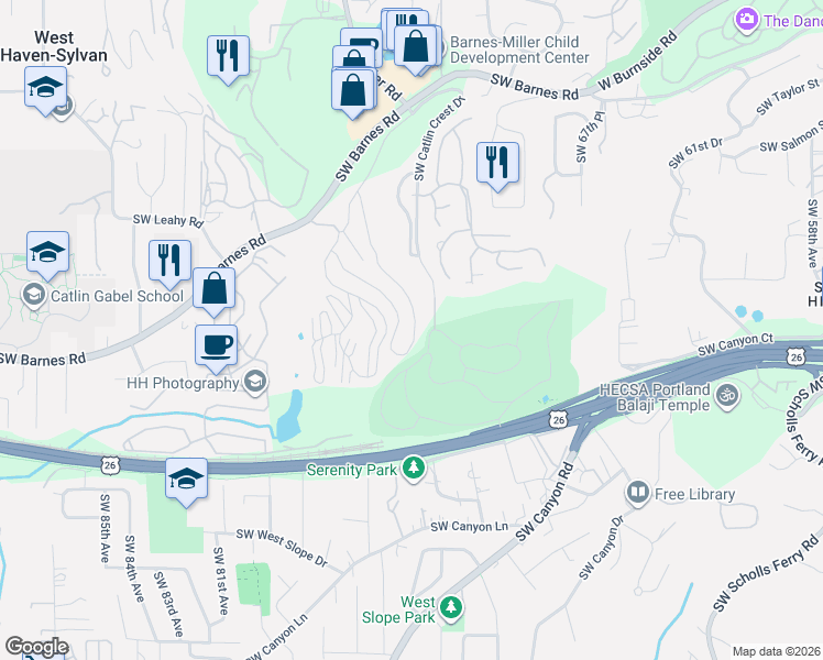 map of restaurants, bars, coffee shops, grocery stores, and more near 7400 Southwest Barnes Road in Portland