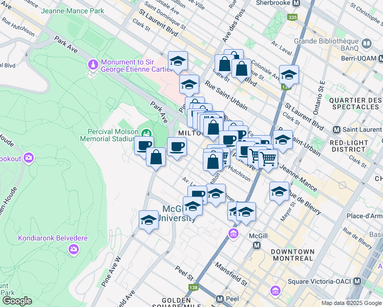 map of restaurants, bars, coffee shops, grocery stores, and more near 429 Rue Prince Arthur Ouest in Montréal