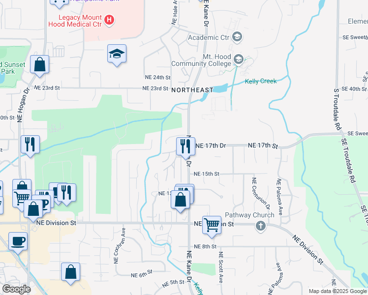 map of restaurants, bars, coffee shops, grocery stores, and more near 1649 Northeast Kane Drive in Gresham