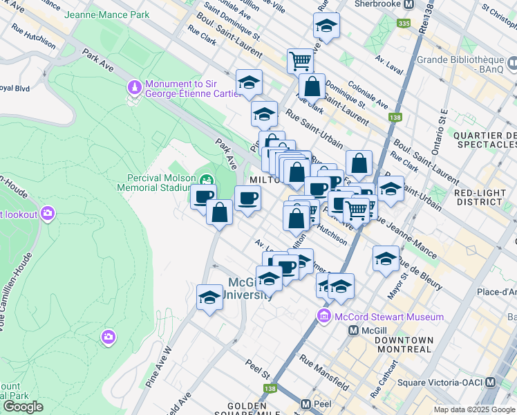 map of restaurants, bars, coffee shops, grocery stores, and more near 3622 Rue Durocher in Montréal