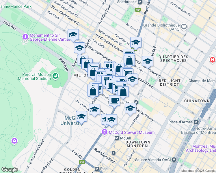map of restaurants, bars, coffee shops, grocery stores, and more near 3481 Avenue du Parc in Montréal