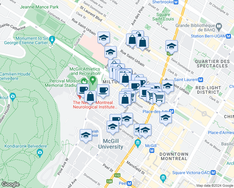 map of restaurants, bars, coffee shops, grocery stores, and more near 414 Rue Prince Arthur Ouest in Montréal