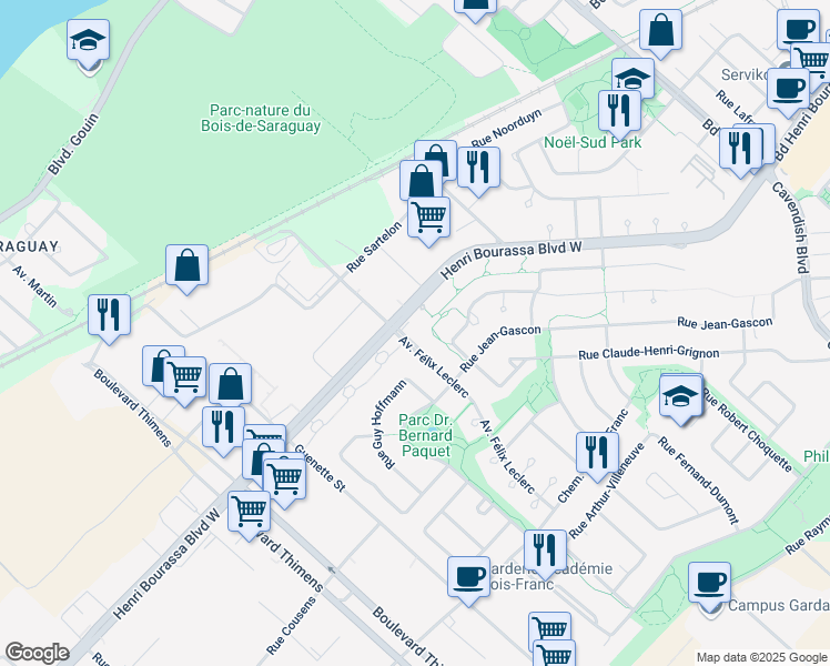 map of restaurants, bars, coffee shops, grocery stores, and more near 4625 Avenue Félix Leclerc in Montréal