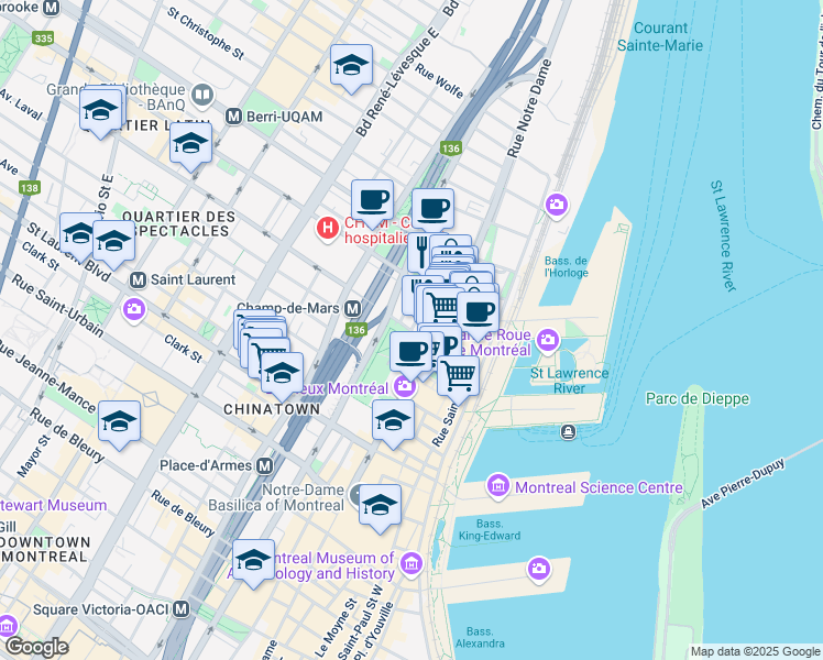 map of restaurants, bars, coffee shops, grocery stores, and more near Gosford Street in Montreal