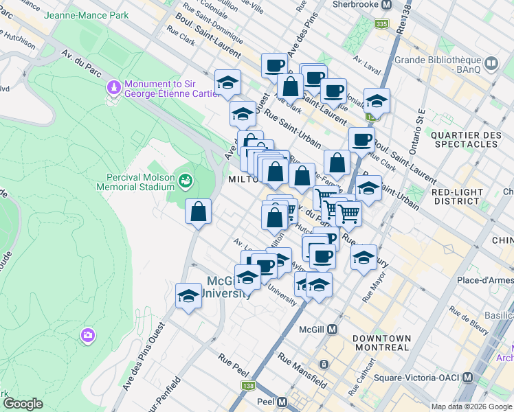 map of restaurants, bars, coffee shops, grocery stores, and more near 414 Rue Prince Arthur Ouest in Montréal