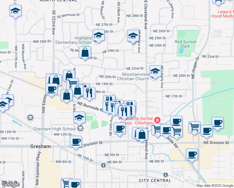 map of restaurants, bars, coffee shops, grocery stores, and more near 571-585 Northeast 18th Street in Gresham