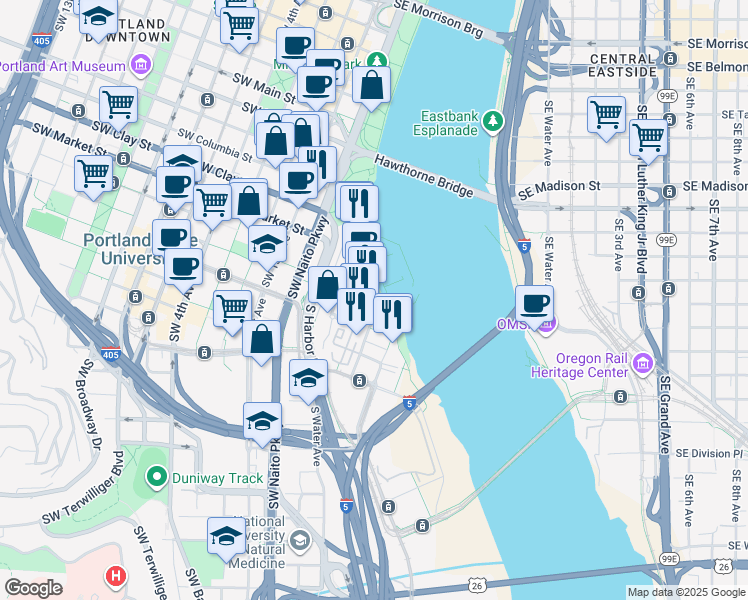 map of restaurants, bars, coffee shops, grocery stores, and more near 0315 Southwest Montgomery Street in Portland