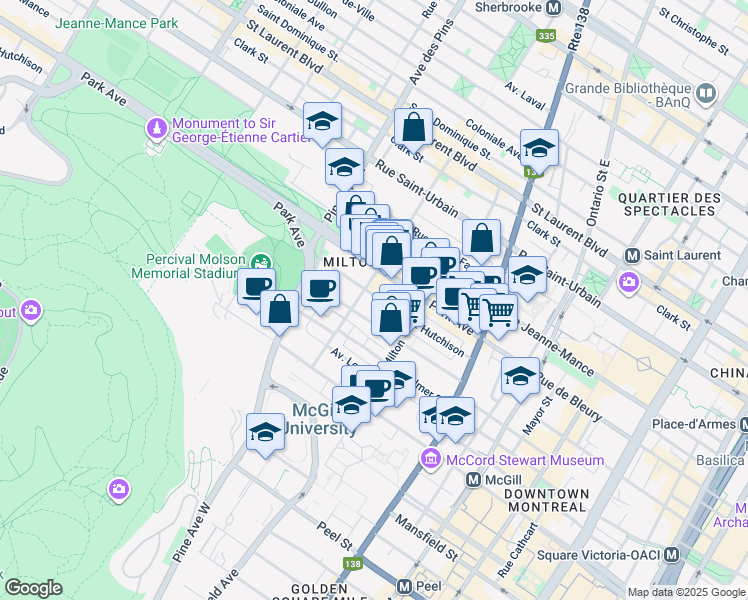map of restaurants, bars, coffee shops, grocery stores, and more near 3572 Rue Hutchison in Montréal