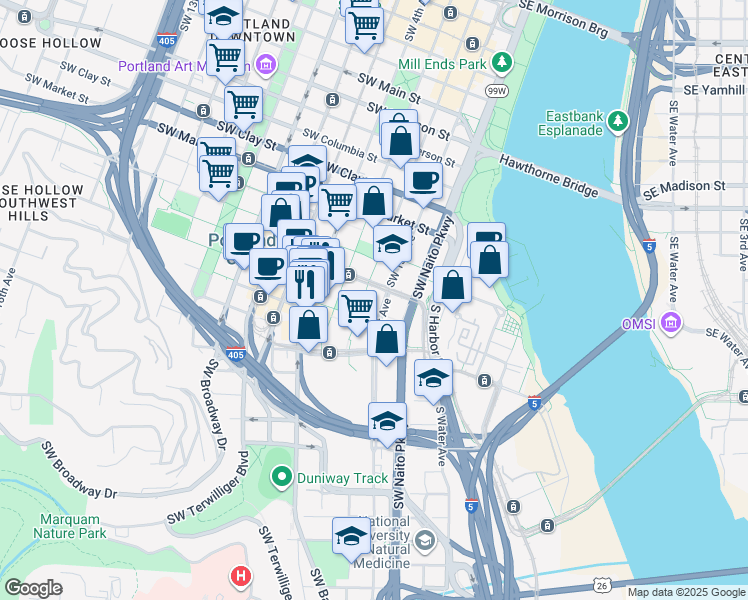 map of restaurants, bars, coffee shops, grocery stores, and more near 150 Southwest Harrison Street in Portland