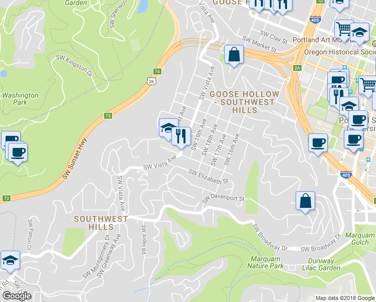 map of restaurants, bars, coffee shops, grocery stores, and more near 1925-1999 Southwest Elm Street in Portland